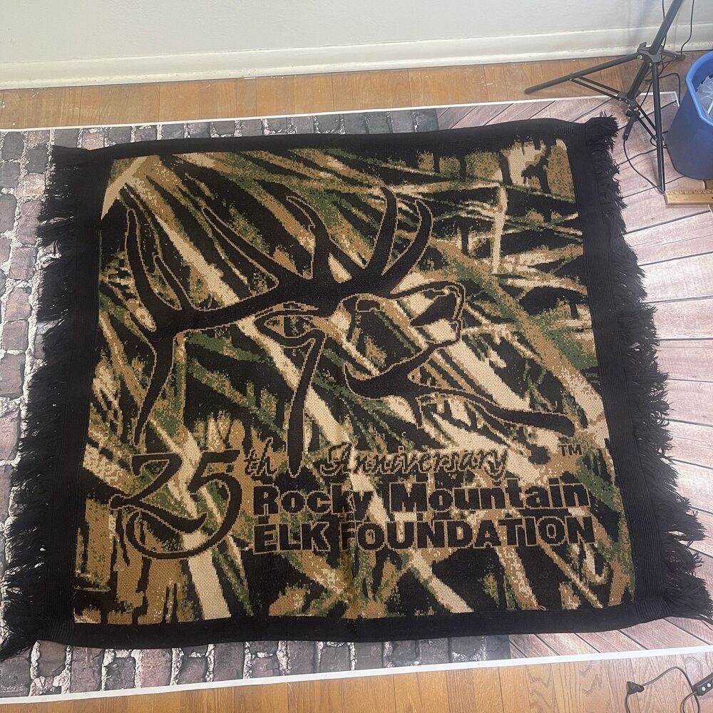 Vintage Rocky Mountain Elk Foundation Throw Blanket Woven Tapestry Made In USA